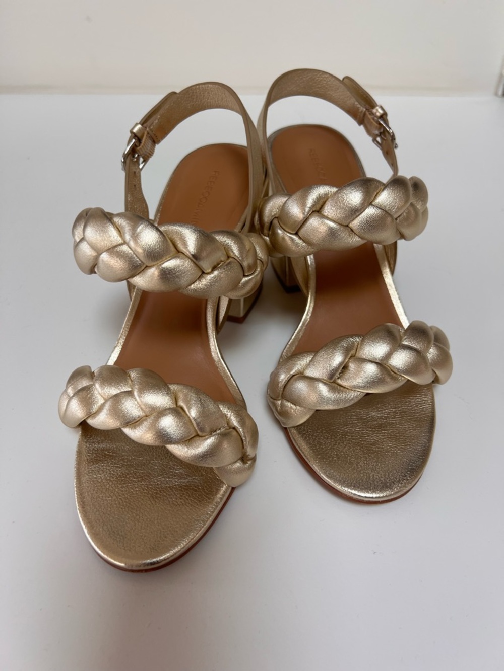 Rebecca Minkoff Braided Metallic Gold Block Heel Sandals